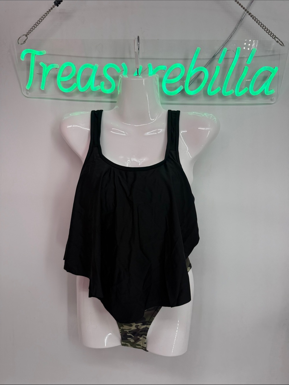 Black Flowy Tankini Top and bottoms High waisted Camo Set  April Lake swim suit
